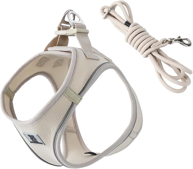 SMALL COMBINATION Adjustable Dog Harness with Leash, Reflective Mesh, No-Pull Design，Matching Lead Rope (Cream-Coloured, S)
