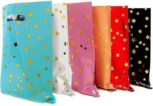 HABILE 48 pieces of thicker gift bags with handles, plastic party candy bags with sparkling stars, suitable for all kinds ...