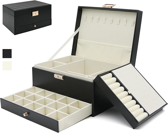 Jewelry Organizer, Travel Jewelry Box Organizers for Women Girls, Jewellery Display Holder 3 Layers Large PU Leather Jewel...