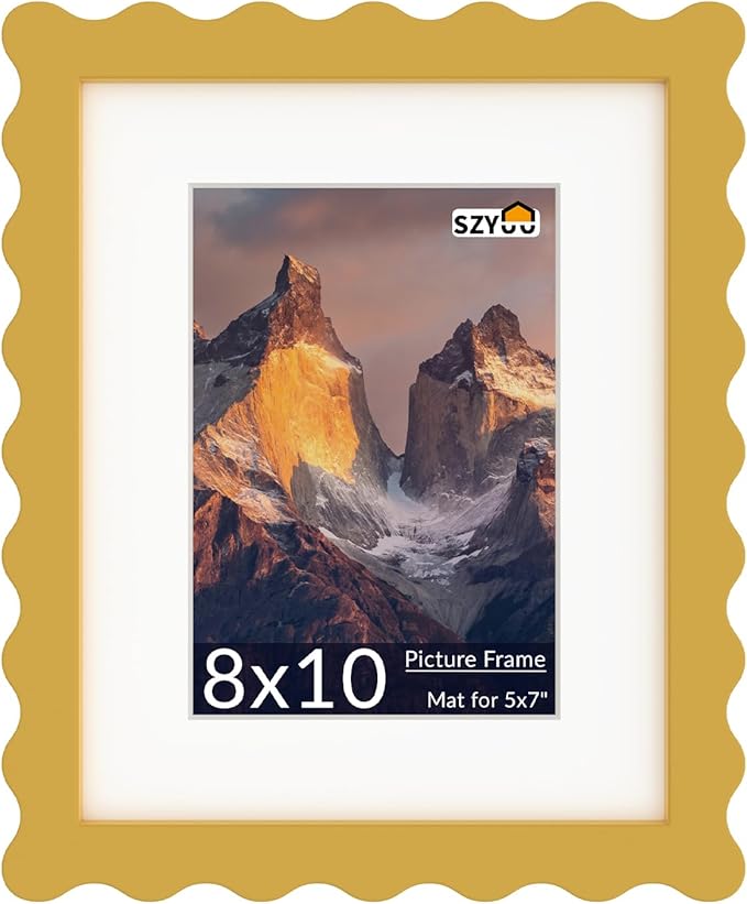 SZYUU 8x10 Wavy Picture Frame with Mat for 5x7, Real Glass and Wooden Frame - Tabletop or Wall Hanging Photo Frame(1 Pac...