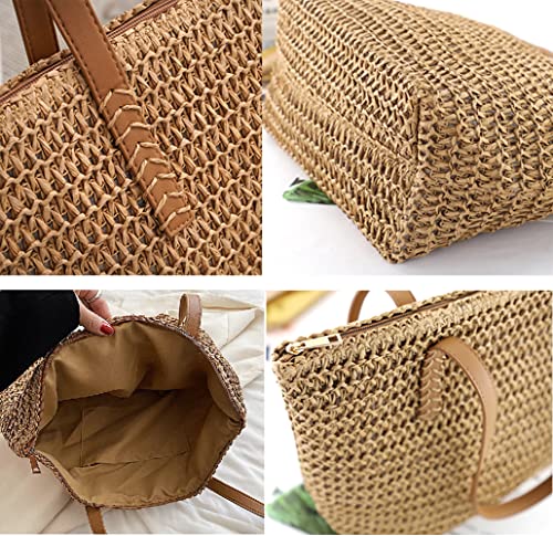 Kehpish Large Straw Shoulder Bag Summer Beach Bag for Women Straw Tote Bag Handbag With Zipper Summer Shoulder Bag