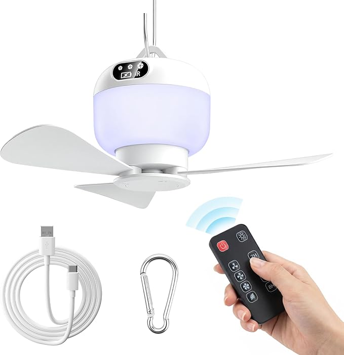 Camping Fan with Light & Remote, Portable Ceiling Fan Wireless Rechargeable Tent Fan with 4 Speeds,3 Light Modes,Timer, Ba...