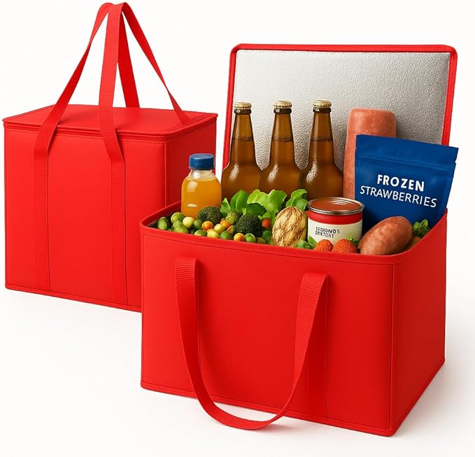 musbus 2-Pack XL-Large Insulated Grocery Shopping Bags, Red, Reusable, Heavy Duty, Zipped Zipper,Collapsible,Tote,Cooler,G...