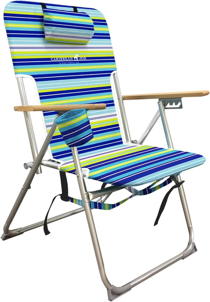 CARIBBEAN JOE Folding Beach Chair, 4 Position Portable Backpack Foldable Camping Chair with Headrest, Cup Holder, and Wood...