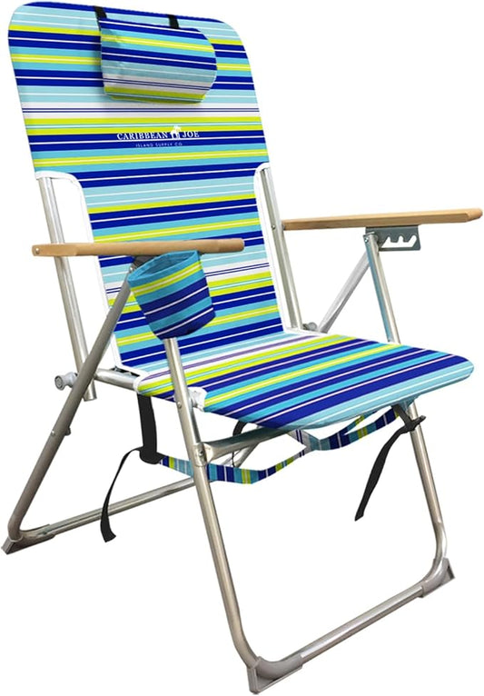 CARIBBEAN JOE Folding Beach Chair, 4 Position Portable Backpack Foldable Camping Chair with Headrest, Cup Holder, and Wood...