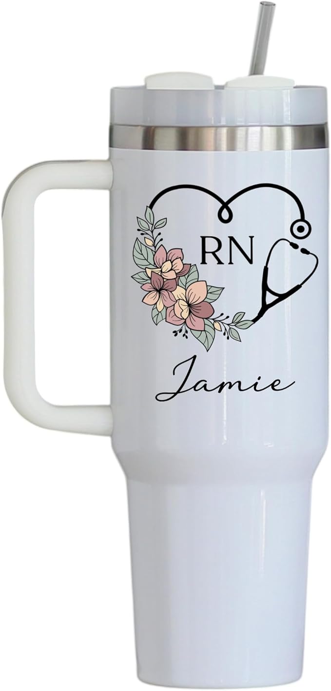 Personalized RN Registered Nurse 40oz Tumbler with Floral Stethoscope & Custom Name – Stainless Steel Insulated Travel Mug...