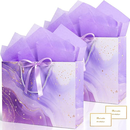 Purple Gift Bags, 2PCS 13” Large Gift Bags with Tissue Paper and Greeting Cards, Gift Bag with Handles Bow for Women Girl...