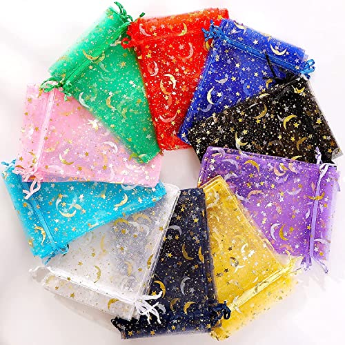 ENNIYU 100 Pieces Moon Star Organza Jewelry Candy Bags, 3x4inch Random Colors Mesh Bags, Organza Favor Gift Pouches with D...