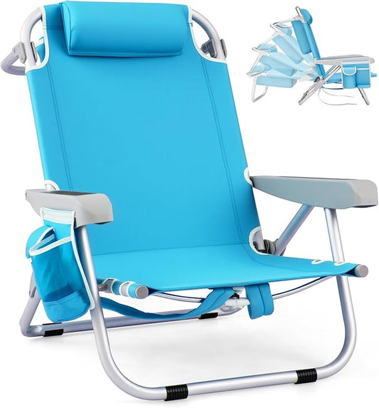 Goplus Beach Chair, 330lbs Folding Backpack Chairs for Adults with 5-Position Backrest, Storage Pockets, Towel Bar & Headr...