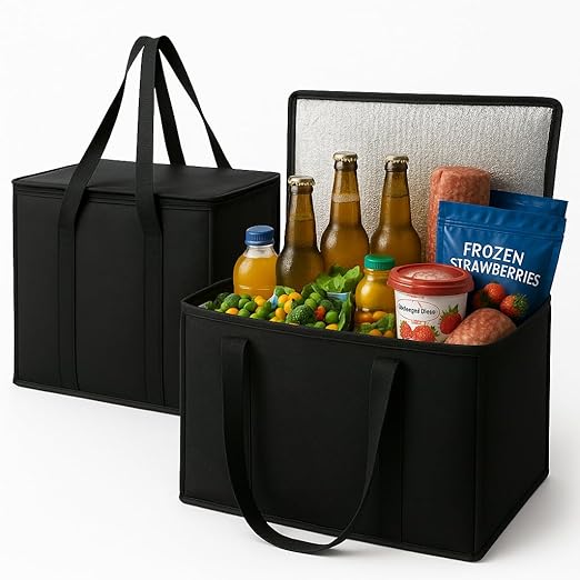 musbus 2-Pack, XL-Large Insulated Grocery Shopping Bags, Black, Reusable Bag,Thermal Zipper,Collapsible,Tote,Cooler,Food T...