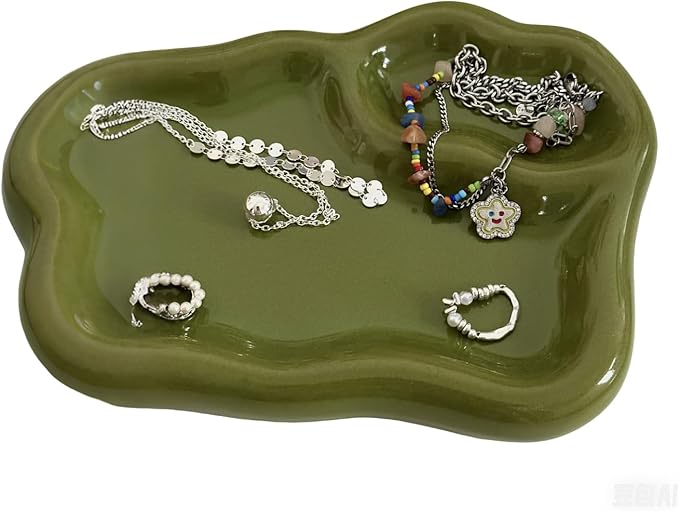 LORVOR Green Ceramic Jewelry Tray Dish Large-sized Display Organizer Trinket Watch Keys, Dressing Table Decor Aesthetic Di...