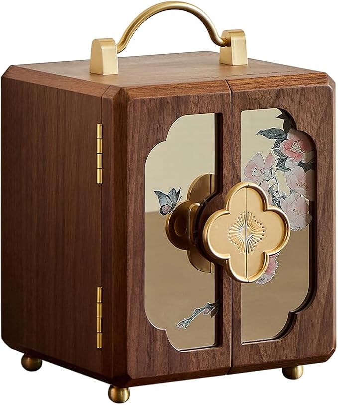 Black Walnut Jewelry Organizer, Wooden Jewelry Box with Gold Handle & Mirrored Flowers, 4 Layers of Storage | Perfect for ...
