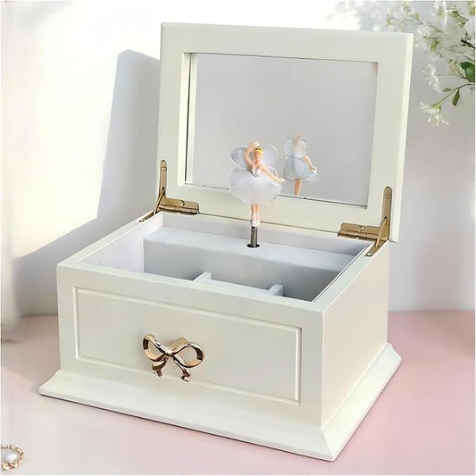 Liou PapaQ White Musical Jewelry Box with Ballerina for Girls and Women, Wooden Storage Organizer with Mirror,Swan Lake Tu...