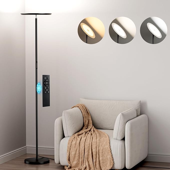 PreeOtti Modern LED Floor Lamp - Remote & Touch Control, 40W/2400LM Sky Torchiere Standing Lamp, Fully Dimmable, 3 Color T...