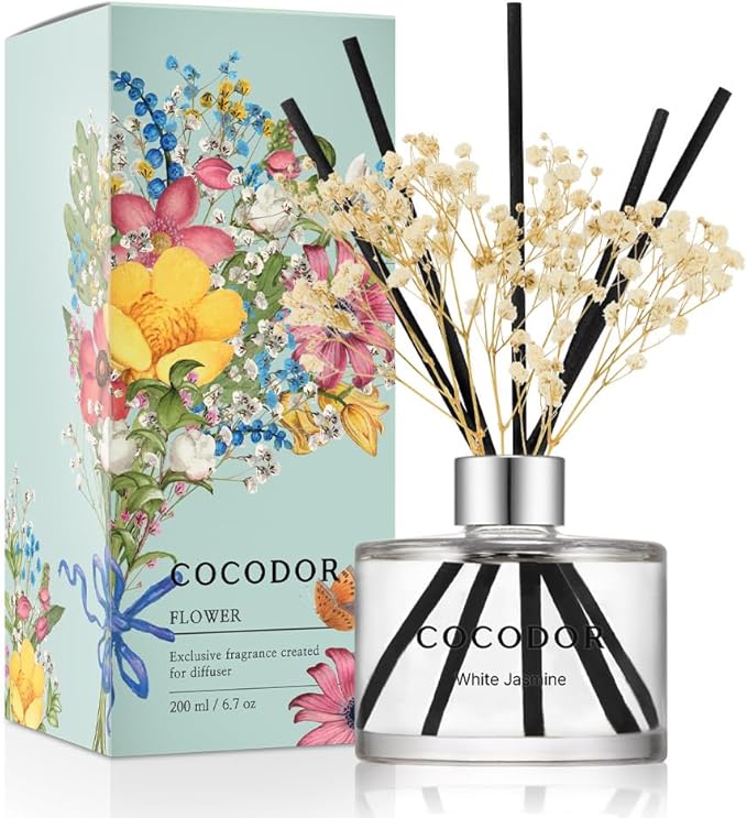 COCODOR Flower Reed Diffuser Set / 6.7oz / White Jasmine/Scent Diffuser with Sticks Home Fragrance Reed Diffuser for Bathr...