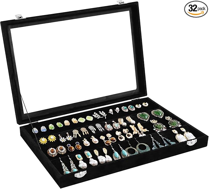 Wudygirl Earring Organizer Tray Jewelry Organizer 32 Pairs Earring Box Organizer Black Velvet Jewelry Display Case with Tr...