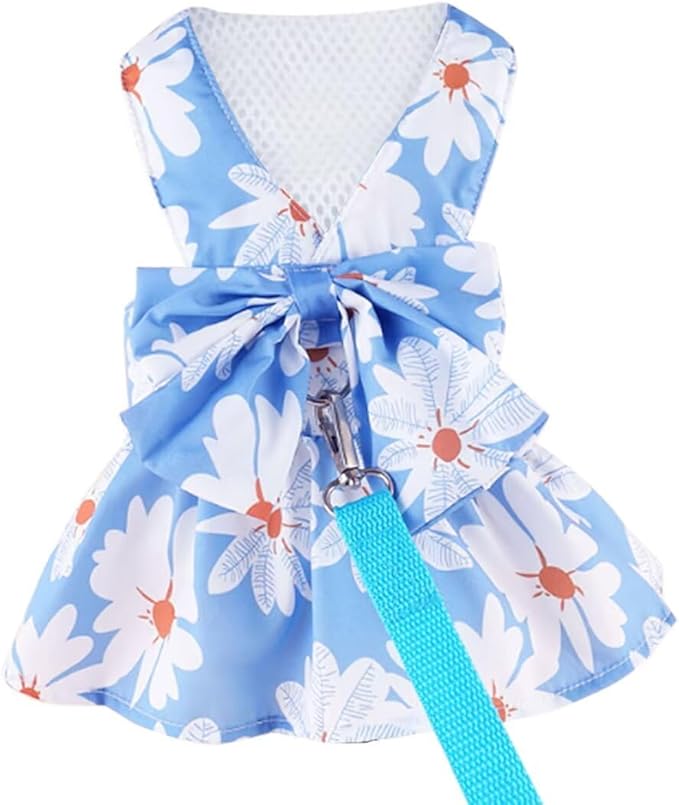 Small Dog Harness Dress Bow Female Dog Clothes Print Flower Girl Dog Harness Dresses Puppy Outfits with Leash Set Summer C...
