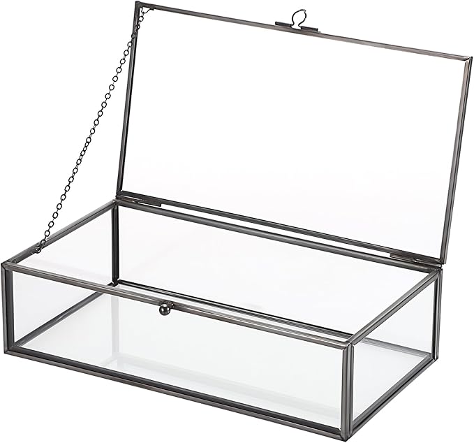 Hipiwe Glass Keepsakes Display Box with Lid - Decorative Black Glass Box Clear Rectangle Storage for Trinket Perfume Cards...