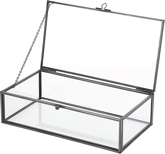 Hipiwe Glass Keepsakes Display Box with Lid - Decorative Black Glass Box Clear Rectangle Storage for Trinket Perfume Cards...