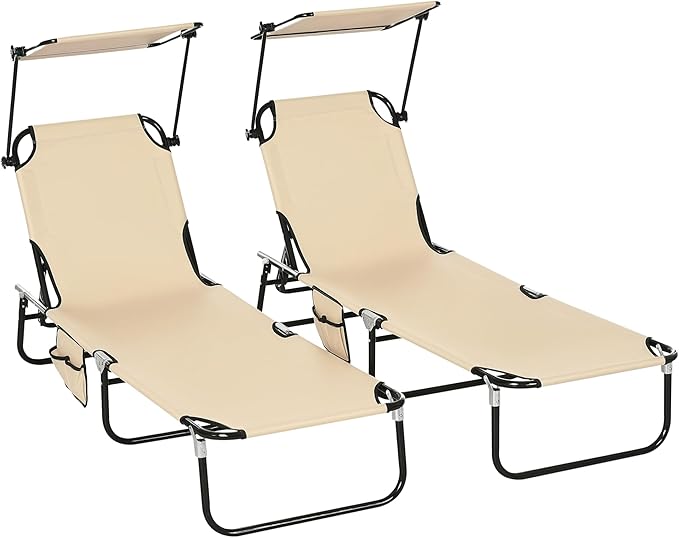 Outsunny Folding Chaise Lounge Pool Lounge Chairs Set of 2, Outdoor Sun Tanning Chairs with Canopy Shade, Reclining Back, ...