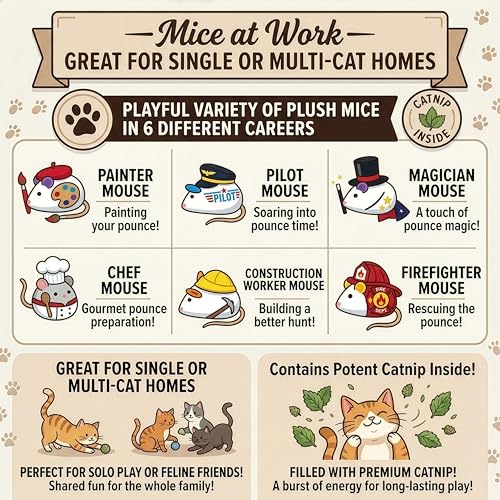 SPOT Mice at Work Cat Toys, Catnip Filled Plush Mice for Indoor Cats, Lightweight Toy Mice with Career Designs, for Single...