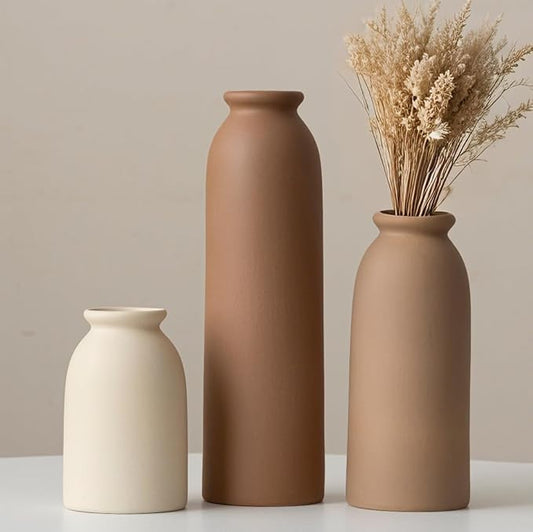 10.4 inches Tall Decorative Ceramic Vase Set, 3 Pieces, Nordic Modern Boho Style, White, Modern Farmhouse for Home Decor (...