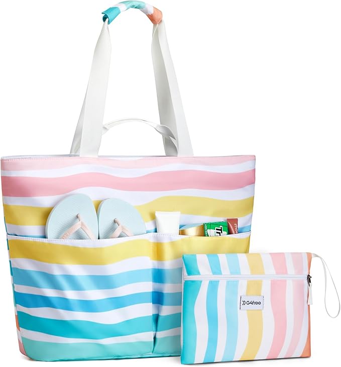 G4Free Beach Bags for Women Sandproof Foldable Beach Bag Tote with Waterproof Compartment Pool Travel