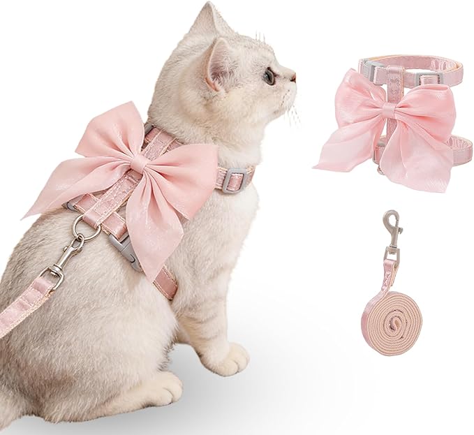 Tensho Pink Bow Cat Harness and Leash Set Escape Proof, Adjustable Kitten Harness with Leash, Bow Tie Cat Harness for Walk...
