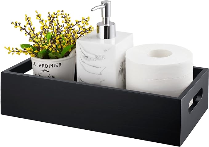 ALELION Black Bathroom Basket - Wooden Toilet Tank Paper Basket with Handle for Organizing - Back of Toilet Storage Organi...