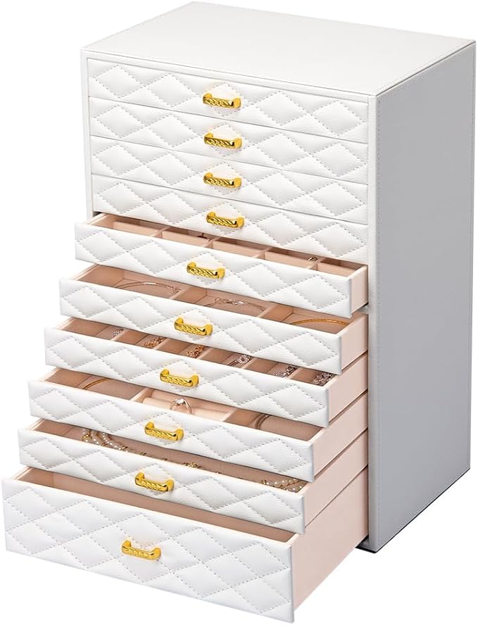 FEIYAN Extra Large Jewelry Box Organizer with 10 Drawers - Premium Faux Leather Storage Case & Velvet Lining | Modern Scan...