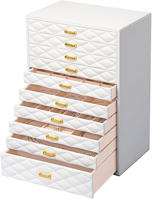 FEIYAN Extra Large Jewelry Box Organizer with 10 Drawers - Premium Faux Leather Storage Case & Velvet Lining | Modern Scan...