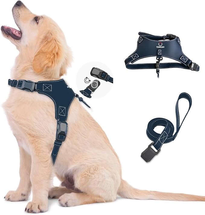 Tokcam Magnetic Puppy Harness and Leash with Quick Release Buckle, Easy On & Off Faux Leather Dog Harness and Leash for Sm...