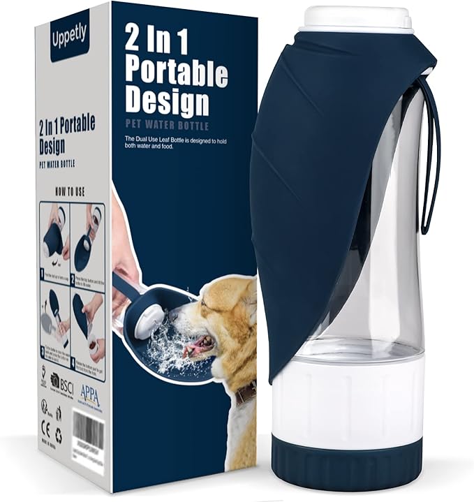 Uppetly Dog Water Bottle, Portable Pet Water Bottle with Food Container and Drinking Feeder, Leak Proof, BPA-Free, Foldabl...