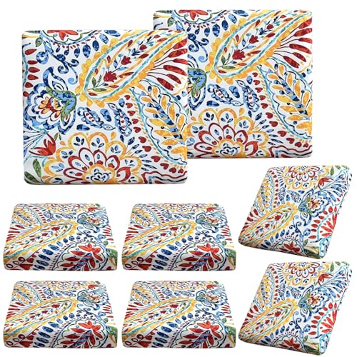 BBSET 8 Pcs Paisley Patio Sofa Cushion Cover Stretch Outdoor Sofa Seat Cushions Cover Indoor Replacement Couch Chair Slipc...
