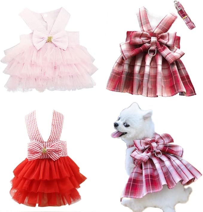 Clopon Dog Clothes Harness Dog Dress Pack Yorkie Dresses for Girl Pink Dress Blue Outfits Cute Leash Set XS