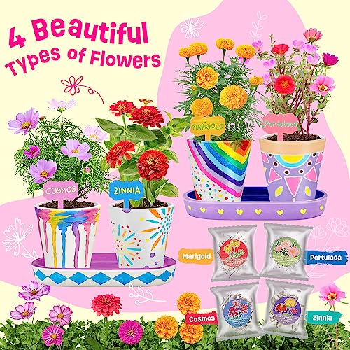 4 Set Paint & Plant Flower Gardening Kit - Gifts for Girls Ages 8-12, Arts and Crafts for Kids Ages 8-12, Kids Gardening S...