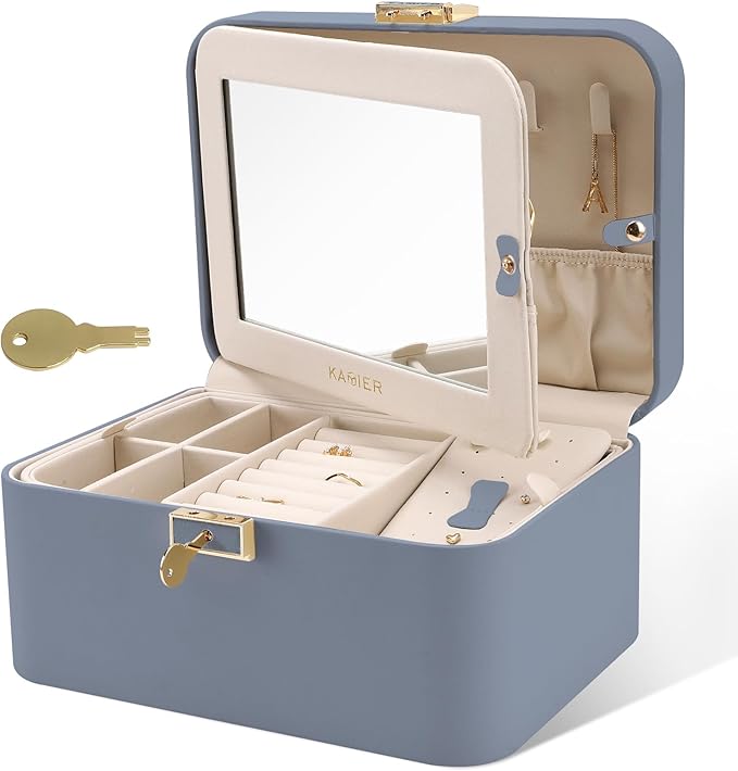 KAMIER Jewelry Organizer Box, 2 Layers PU Leather, Large Capacity, Double Lock and Large Mirror, Hidden Necklace Hooks, Re...