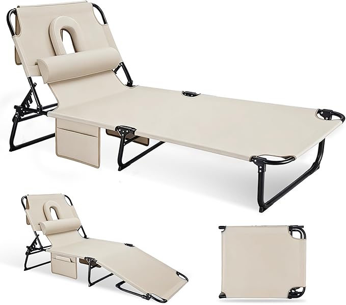 Ahsuname 3-in-1 Sun Tanning Chair with Face Holes, Folding Chaise Lounge Chairs, 5-Position Adjustable Lounge Chair Outdoo...