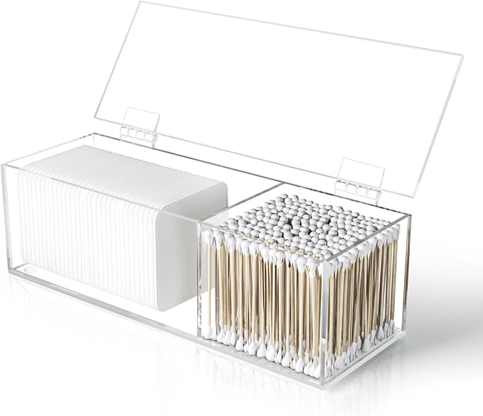 JHJFRAWY Clear Acrylic Qtip Holder for Clean Skin Club Clean² Pads Clean with Flip-Top Lid 2-Grid Canister Cotton Pad and ...