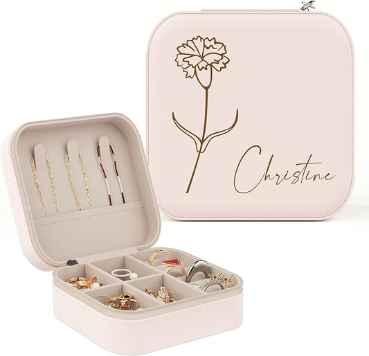Mothers Day Gifts for Mom, Personalized Jewelry Box - Custom Gifts for Women, Portable Small Travel Case with Birth Flower...