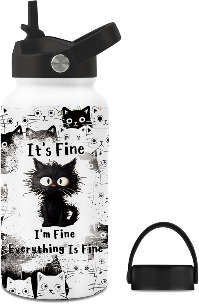 Cat Gifts for Women, 25oz Fine Cat Water Bottle with 2 Lid & Straw - I'm Fine Black Cats Insulated Water Bottles, BPA-free...