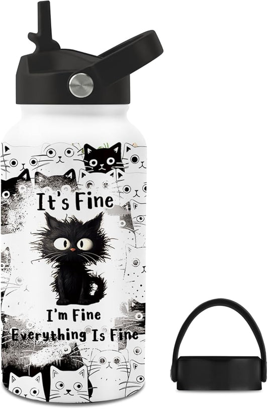 Cat Gifts for Women, 25oz Fine Cat Water Bottle with 2 Lid & Straw - I'm Fine Black Cats Insulated Water Bottles, BPA-free...
