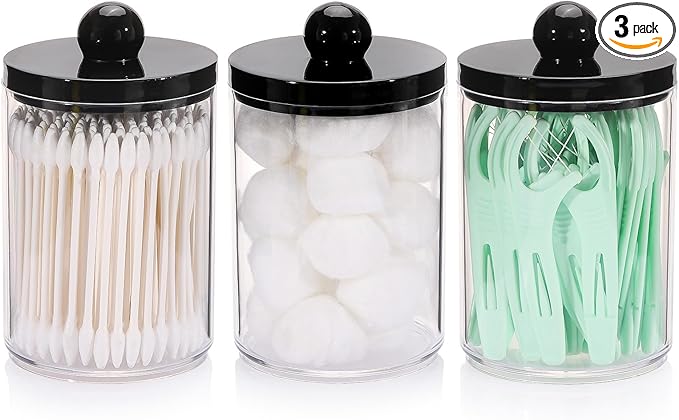 Tbestmax 10oz Qtips Holder - Bathroom Organizers and Storage Containers Plastic Apothecary Jar with Black Lids for Cotton ...