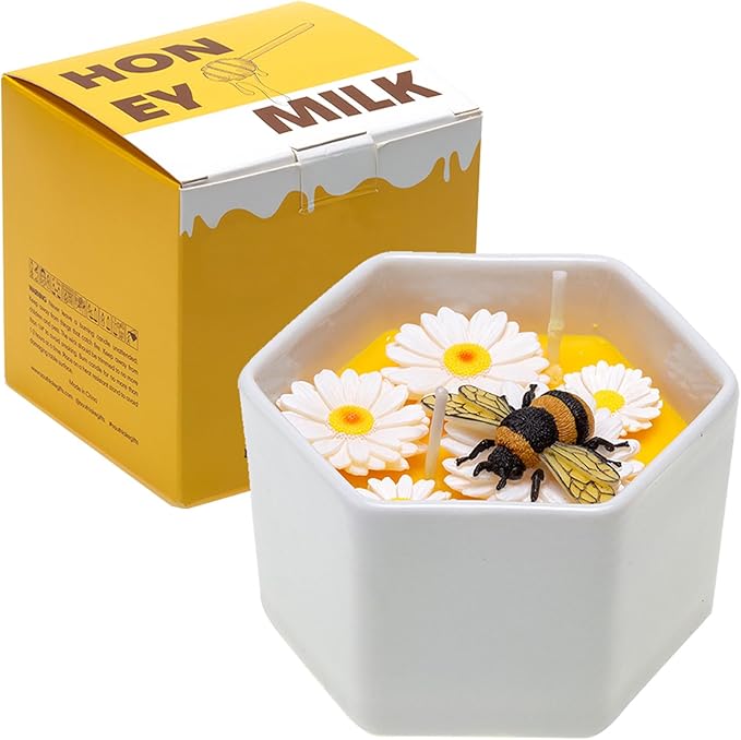CabyGift Honey Scented Candle Gift for Women, 5.6 oz Natural Beeswax Candle with Bee & Daisy Decor, Cute Housewarming Birt...