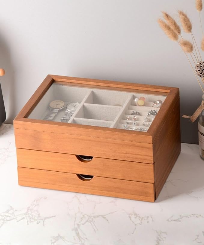 Clasin Home Jewelry Box with Glass Lid, 3 Layer Jewelry Organizer for Women, Solid Wooden Jewelry Box Display for Ring Ear...