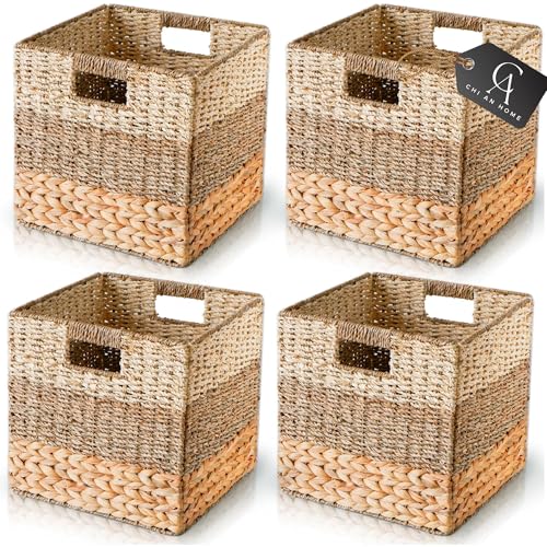 CHI AN HOME 11 Inch Cube Storage Bins, Wicker Storage Baskets for Cube Shelf, Natural Foldable Square Baskets for Storage,...