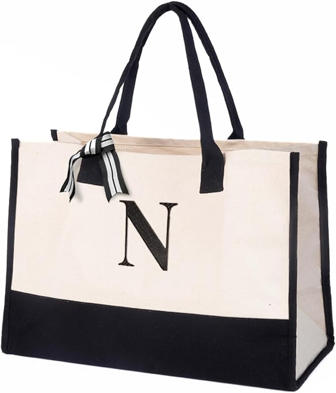 Salt Earth Personalized Initial Canvas Tote Bag for Women, Large Cotton Monogram Beach Grocery Reusable Work Travel Tote