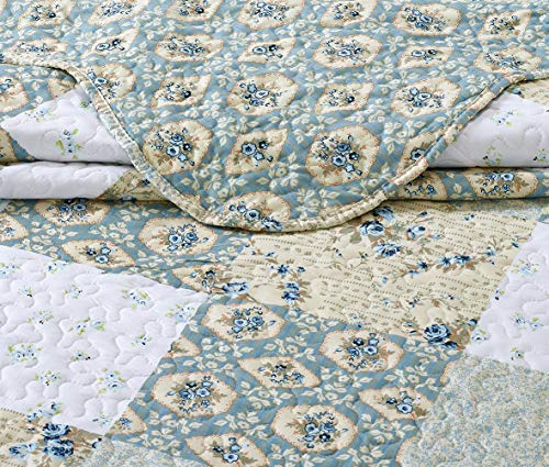 All American Collection New Reversible 3pc Floral Printed Patchwork Blue/Green Bedspread/Quilt Set Matching Curtains Avail...
