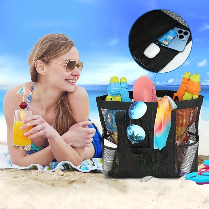 OILPUS Large Mesh Beach Bag, Beach Tote Bags with 9 Pocket for Family