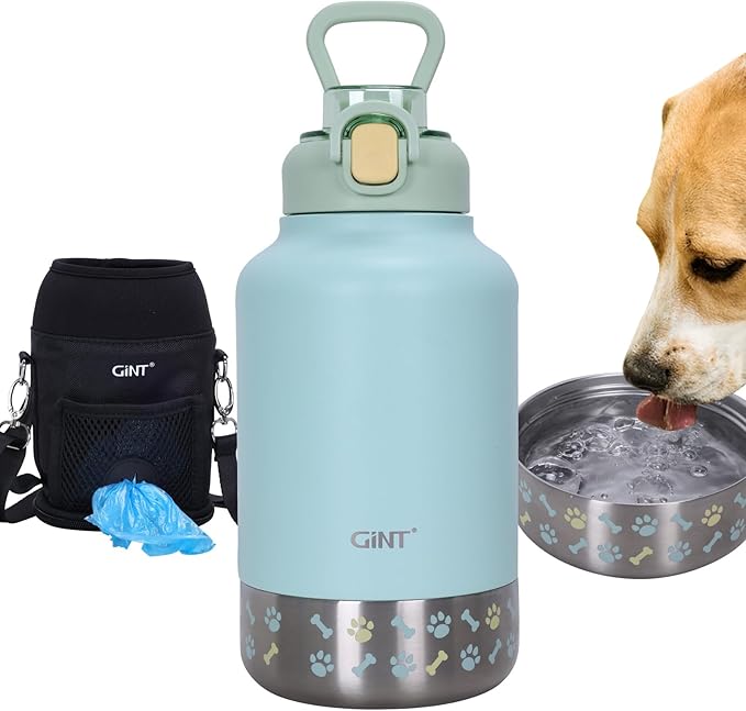 GiNT 37oz Insulated Stainless Steel Dog & Human Water Bottle | Leakproof Travel Dispenser with Detachable 10oz Bowl, 24H C...